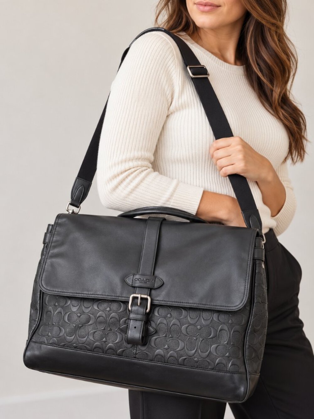 Coach Black Embossed Signature Leather Laptop Messenger Bag Briefcase